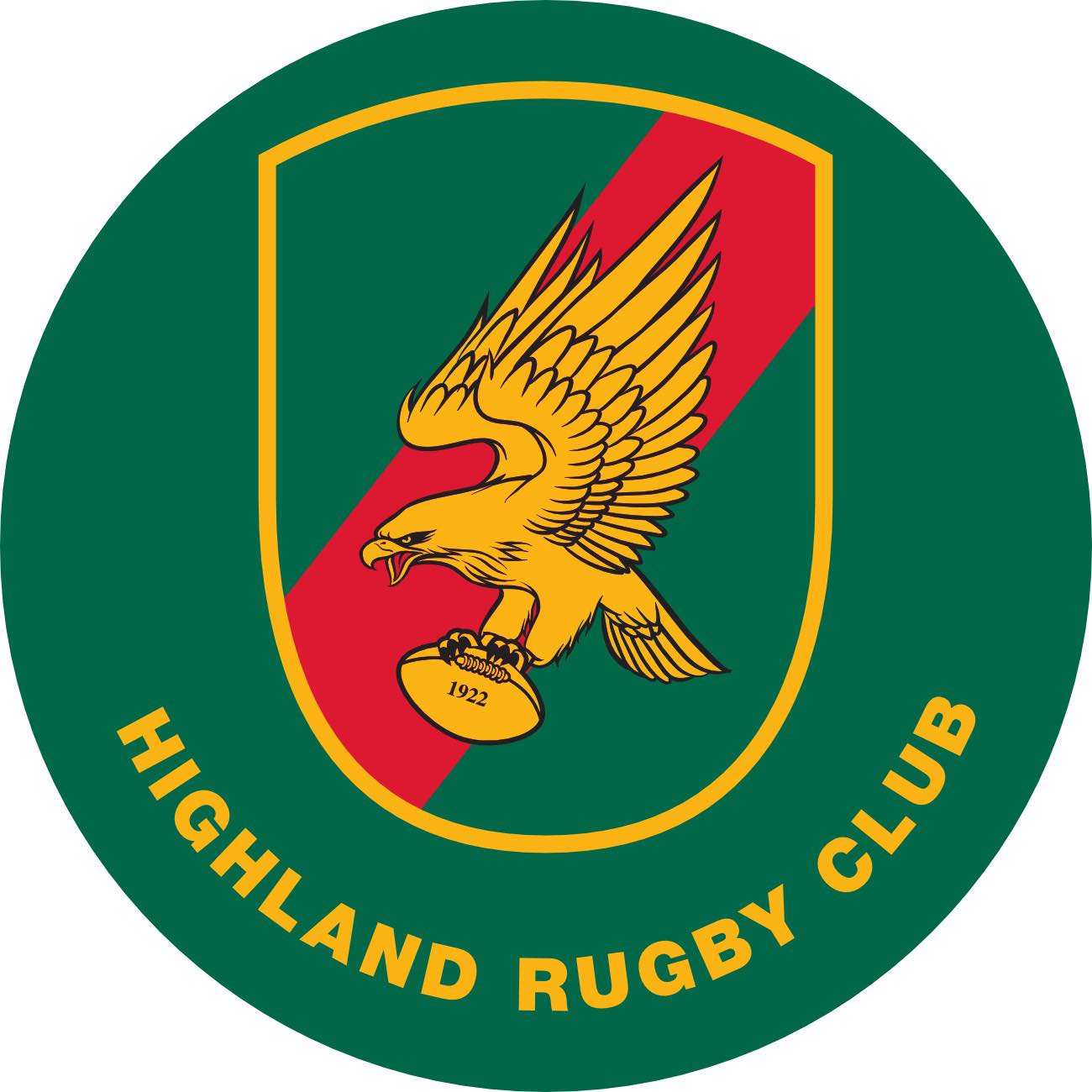 Logo of Highland Rugby Club with an eagle holding a rugby ball on a green background